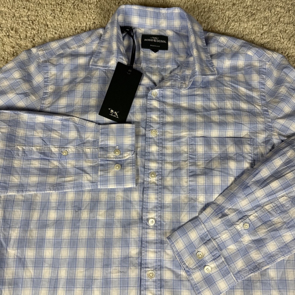NWT $168 RODD & GUNN Shorecliffe L/S Shirt Men Blue Sport Fit Plaid Large New